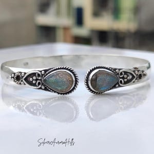 Labradorite Sterling Silver Bangle Bracelet: Adjustable Boho Gemstone Jewelry
