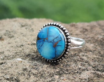 Handmade Blue Copper Turquoise Ring: 925 Silver Minimalist Ring, Gift For Her