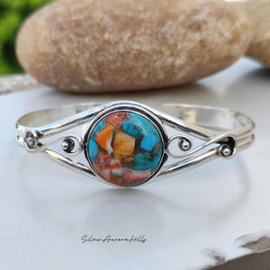 Oyster Turquoise Bangle, Bohemian Style Bangle, 925 Sterling Silver Bangle, Multi Colour Turquoise Bracelet, Gift Bangle Bracelet For Her