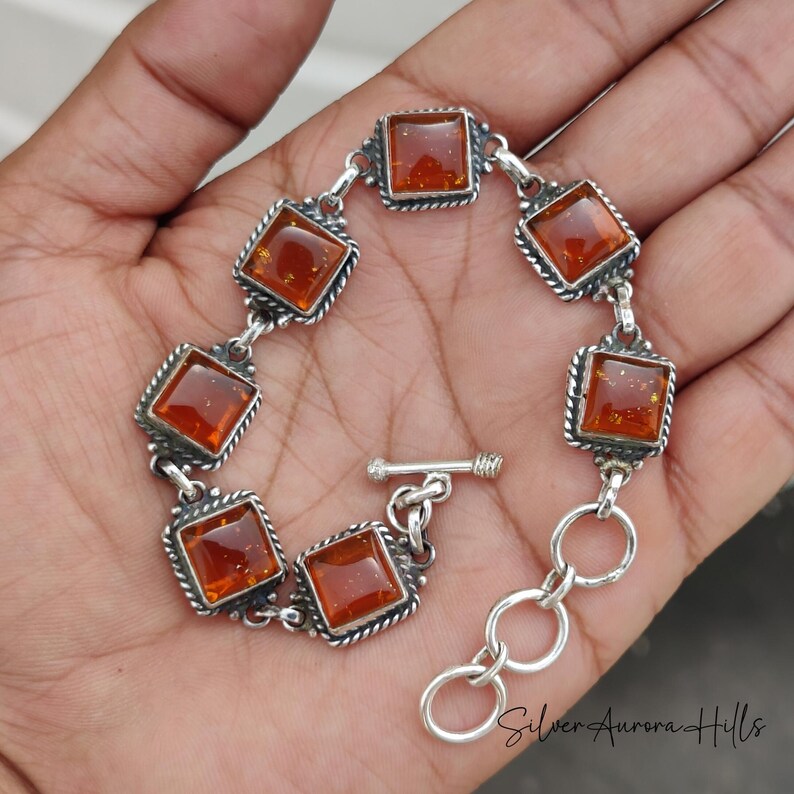 Kingman Turquoise Sterling Silver Bracelet - Adjustable Gemstone Jewelry Amber