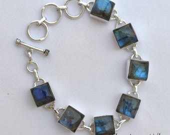 Blue Fire Labradorite Sterling Silver Bracelet: Adjustable Gemstone