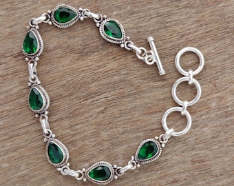 Emerald Sterling Silver Bracelet: Handcrafted Pear Stone Adjustable Gemstone Bracelet