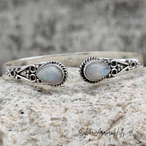 Handmade Moonstone 925 Silver Bangle: Boho Cuff Bracelet