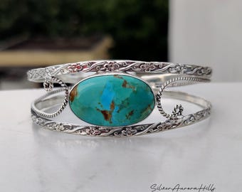 Kingman Türkis Armreif, handgemachtes verstellbares Armband, Sterlingsilber verstellbar Schmuck Geschenk für sie