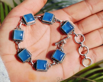 Blue Chalcedony Gemstone Bracelet / Handmade 925 Sterling Silver Jewelry