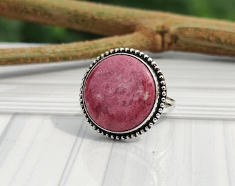 Handmade Rhodonite Sterling Silver Ring: Boho Statement Jewelry