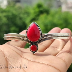 Deep Red Coral Gemstone Bangle, 925 Silver Gemstone Bangle, Boho Bangle, Women Statement Bangle, Red Coral Jewelry, Cuff Bangle Gift For Her