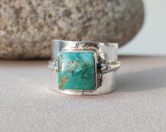 Square Kingman Turquoise Ring, Handcrafted Sterling Sliver Gemstone Jewelry, Gift For Her