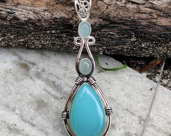 Aqua Chalcedony Sterling Silver Pendant Necklace - Multi Gemstone Statement Piece