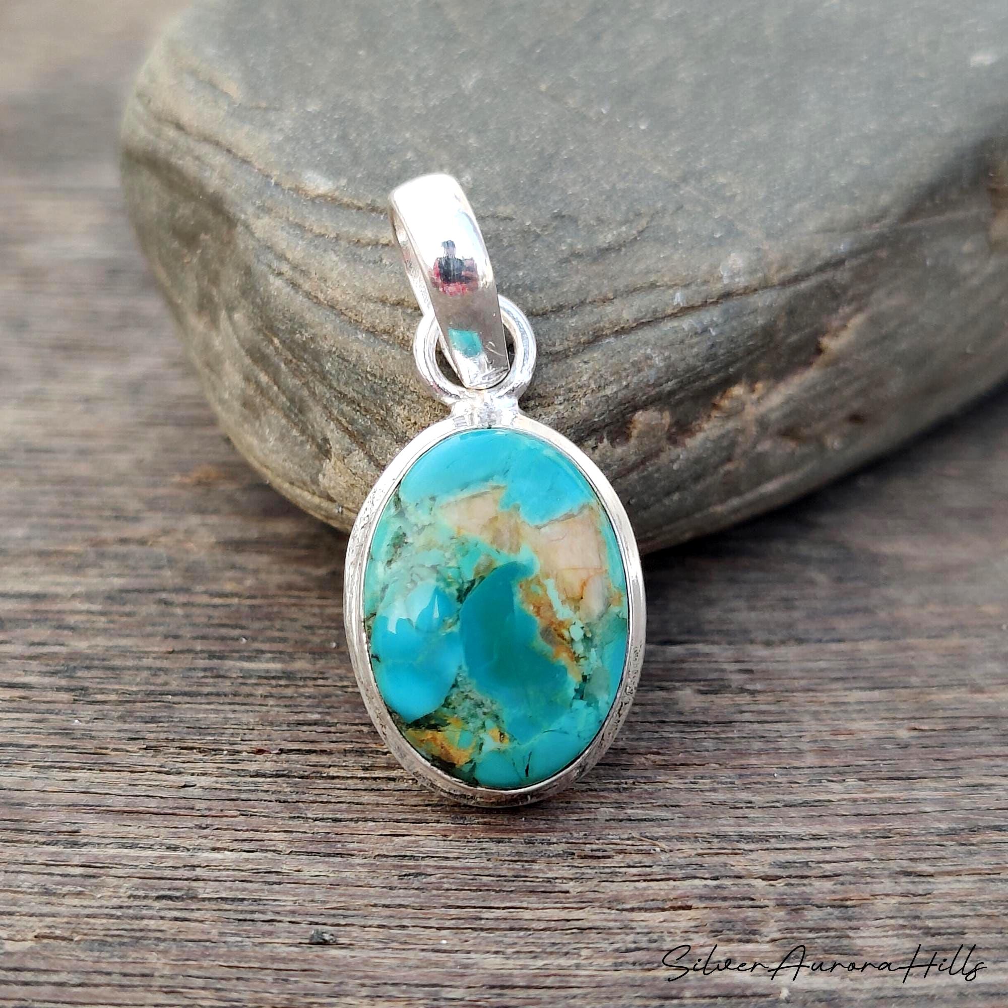 Pendentif Turquoise De Nishapur En Argent Sterling 925 - 5,75g, Pierre Naturelle