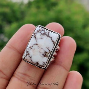 Wild Horse Jasper Ring/ Rectangle Silver Ring/ Statement Promise Ring/ White Brown Stone Ring/ Women Big Ring/ Wild Horse Jewelry/ Gift Ring