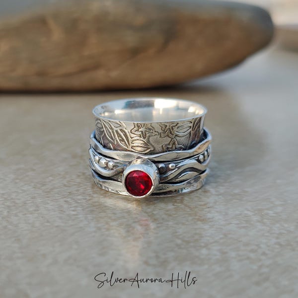 Designer Garnet Spinner Ring, Handmade Gemstone Jewelry, 925 Sterling Silver, Anxiety Fidget Ring