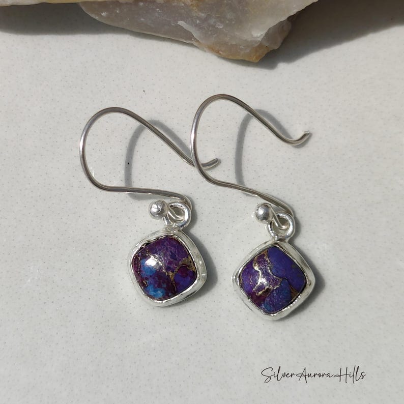 Handcraft Kingman Turquoise 925 Sterling Silver Earrings: Anniversary Gift PurpleCopperTurquois