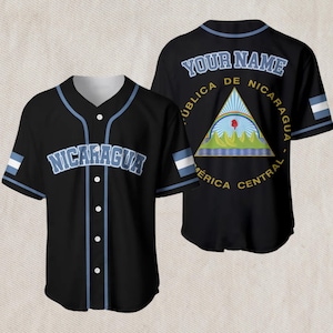 Nicaragua Baseball Jersey Individueller Name - Schwarzer Button-Up mit blauer Verzierung, Wappen-Rückendruck
