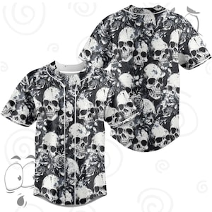 Skull Baseball Jersey – Gothic Floral Schwarz Weiß Shirt, Unisex Streetwear Top, Punk Rock Hip Hop Outfit