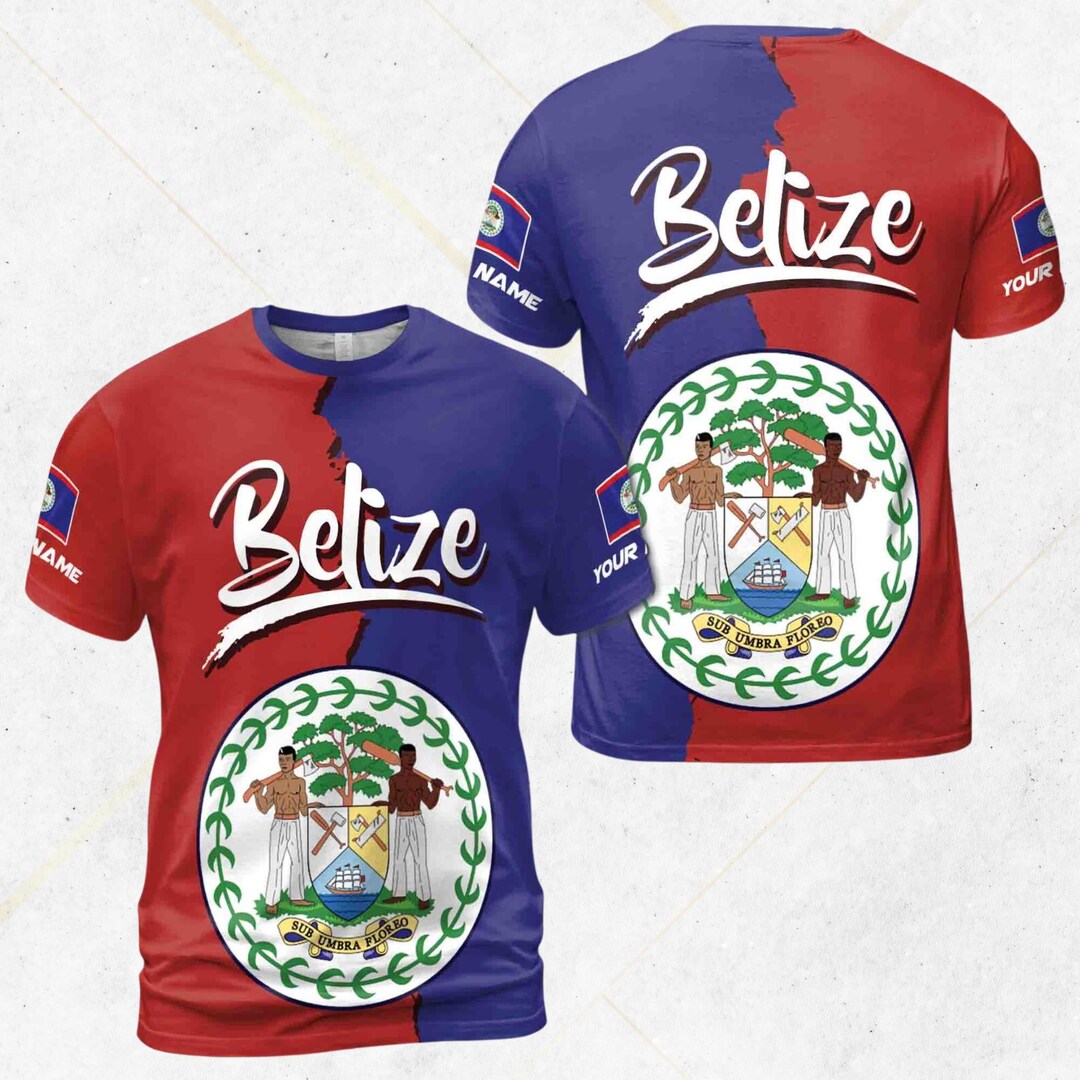 Belize Flag Split T-shirt Red Blue, Big Coat of Arms Front Back, Script ...