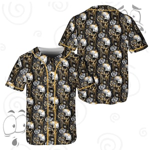 Gold Skull Baseball Jersey - Gothic Floral Black Shirt, Punk Rock Streetwear, Unisex Hip Hop Fashion Top