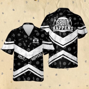 Split Happens Bowling Shirt  – Custom Name, Funny Bowling Team Jersey, Black & White Strike Design