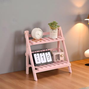 Wooden 2 tier desktop organizer shelf trapezoidal desk storage rack for office supplies decorations stationery