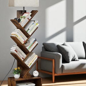6-Tier-Baum-Bücherregal Schmaler hoher Bücherregal-Turm, rustikales Buch-Organizer-Regal mit Schublade