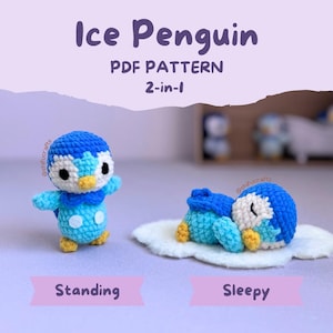 May include: A crochet pattern for an Ice Penguin, with the text "Ice Penguin PDF Pattern 2-in-1". The image shows two small, blue and white penguins, one standing and one sleeping on a white cloud-shaped surface. The standing penguin has a blue head and body with white accents.