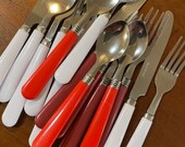 MIsmatched MIX and MATCH colorful silverware with plastic handles replacements picnic flatware party silverware vintage flatware red