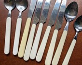 MIsmatched MIX and MATCH colorful silverware with plastic handles replacements picnic flatware party silverware vintage flatware bin 68