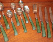 Green Handle oneida 18 10 Vintage silverware replacement spoon fork knife Stainless Flatware plastic handles retro BIN 14
