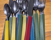 MIsmatched MIX and MATCH colorful silverware with plastic handles replacements picnic flatware party silverware vintage flatware