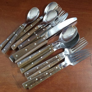 Vintage Flatware | Unmarked | Brown Plastic Handles | Stainless Steel | Plastic Silverware | Replacement | Rivets | Lightweight