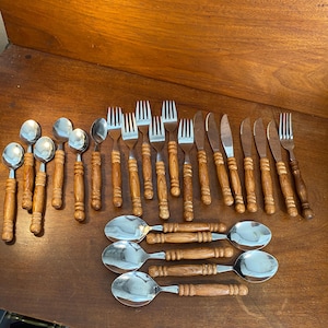 vintage flatware | brown wood handles | wood grain | stainless steel | utensils | fork | replacements | silverware |