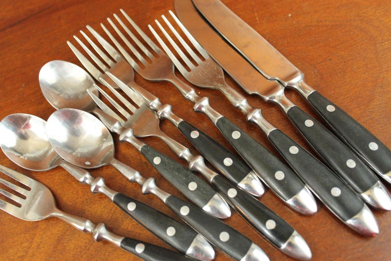 Vintage Silverware Black Handle and Stainless Rivets Flatware Etsy