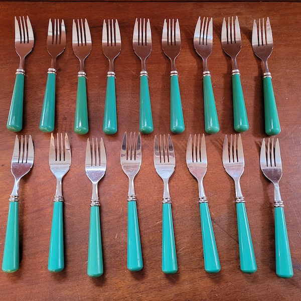 Dessert Forks Green Handle | Vintage silverware | Replacement Fork | plastic handle Stainless Flatware | Plastic Handles | Retro vibe