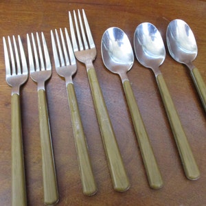 Vintage silverware , Brown Plastic Handles | Wood Grain look | stainless steel | modern contemporary |  utensils cutlery | flatware