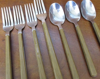 Vintage silverware , Brown Plastic Handles | Wood Grain look | stainless steel | modern contemporary |  utensils cutlery | flatware