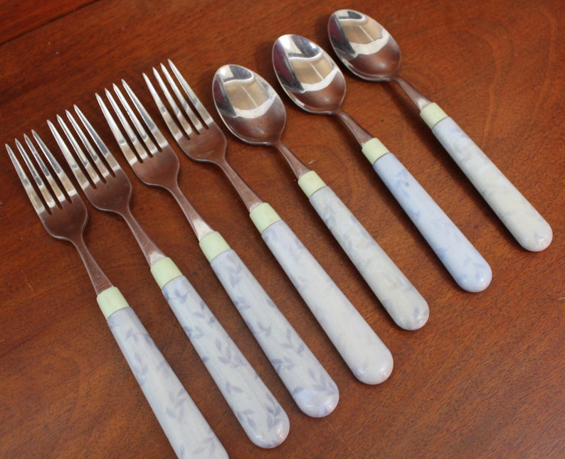 PFALTZGRAFF SUMMER BREEZE vintage stainless flatware silverware set replacements fork spoon retro old kitschy flatware blue picnic BiN 25