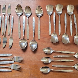 May include: A set of silverware with a decorative pattern on the handles. The set includes knives, forks, spoons, and serving spoons.