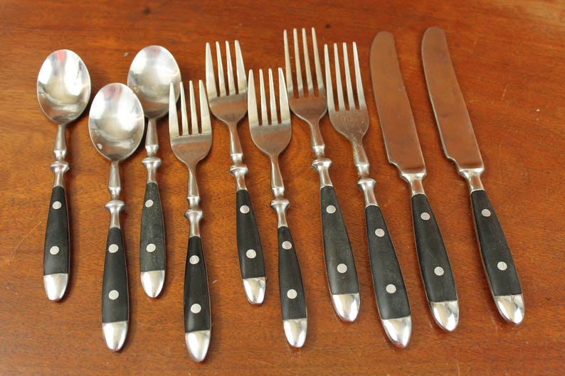 Vintage Silverware Black Handle and Stainless Rivets Flatware Etsy