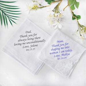 Personalized Embroidered Wedding Handkerchief, Custom Name Date Hankie, Father of the Bride Gift,Keepsake Gift for Bride Groom Dad Mom