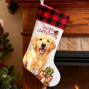 Pode incluir: Meia de Natal branca com punho xadrez vermelho e preto. A meia apresenta uma ilustração de golden retriever com as palavras "merry christmas" e uma pilha de presentes. Uma decoração festiva.