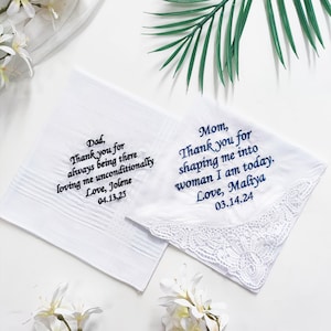 Personalized Embroidered Wedding Handkerchief, Custom Name Date Hankie, Keepsake Gift for Bride Groom Mom Dad, Father of the Bride Gift