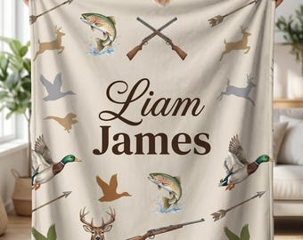 Personalized Hunting Blanket for Men, Custom Fishing Throw Blanket with Name, Outdoorsman Gift for Him, Cabin Decor, Hunter Husband Dad Gift
