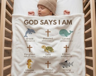 Christian Baby Blanket Ocean Theme, Bible Verse Baby Boy Shower Gift, Baptism Gift for Boy, Sea Animal Scripture Nursery Decor Faith Blanket