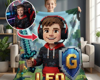 Custom Gamer Blanket for Boys, Personalized Pixel Art Face Throw, Kids Video Game Room Decor, Custom Name Blanket, Birthday Gift for Son