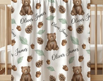 Personalized Woodland Baby Blanket, Custom Bear Name Blanket for Baby Boy, Forest Nursery Decor, Baby Shower Gift, Hospital Photo Prop