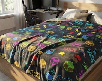 Personalized Gamer Blanket, Custom Name Video Game Throw, Neon Pixel Gaming Bedding, Gift for Teen Boy, Gamer Room Decor, Birthday Gift