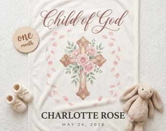Personalized Christening Blanket, Child of God Baby Blanket Floral Cross Baptism Gift for Girl, Custom Name Baby Blanket Christian Baby Gift