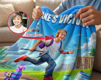 Custom Gamer Blanket for Boys, Personalized Video Game Fleece Throw with Name & Avatar, Kids Gaming Room Decor, Gamer Birthday Gift