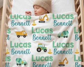 Personalized Baby Boy Blanket, Construction Truck Custom Fleece Blanket, Toddler Boy Gift, Excavator Dump Truck Nursery Decor, Baby Shower