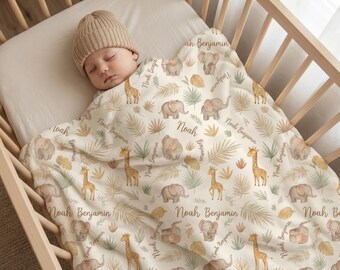 Personalized Woodland Bear Baby Blanket, Custom Name Nursery Bedding, Sleeping Bear Baby Girl Blanket, Baby Shower Gift, Boho Forest Decor